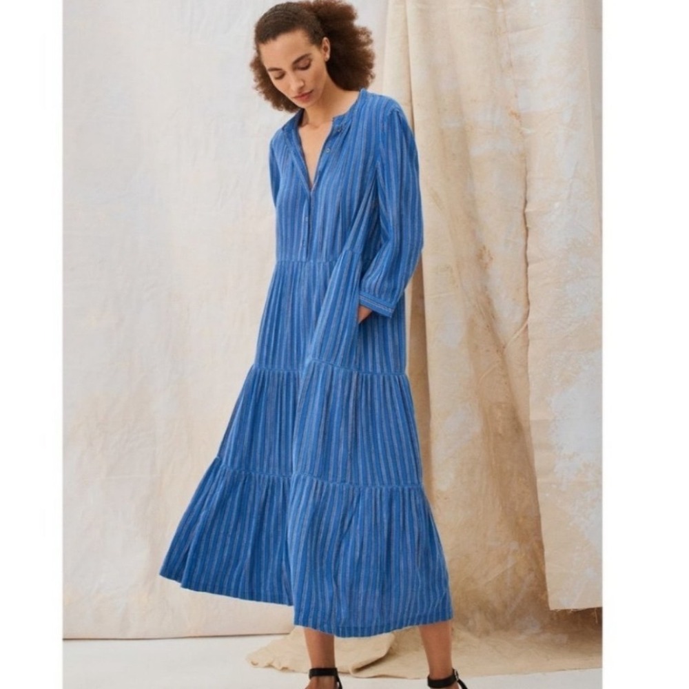 Wrap London‎ Tiered Maxi Dress Blue Striped Button Cotton Viscose Long Sleeve 8